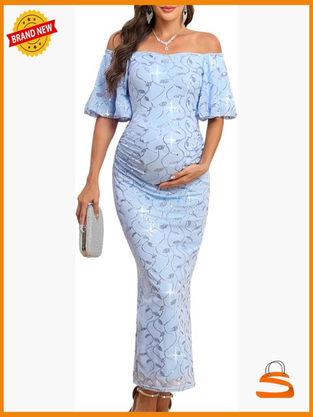 Off Shoulder Sequin Maxi Dress Maternity Ruched Bodycon Formal Gown
